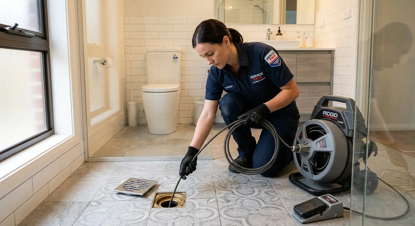 Technician clearing a bathroom floor drain for Drain Repair in Carlyss